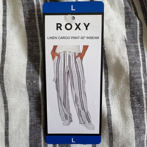 Roxy Women's Linen Blend Cargo Pants, White with Gray/Black Stripes, Large, NWT - Picture 4 of 15